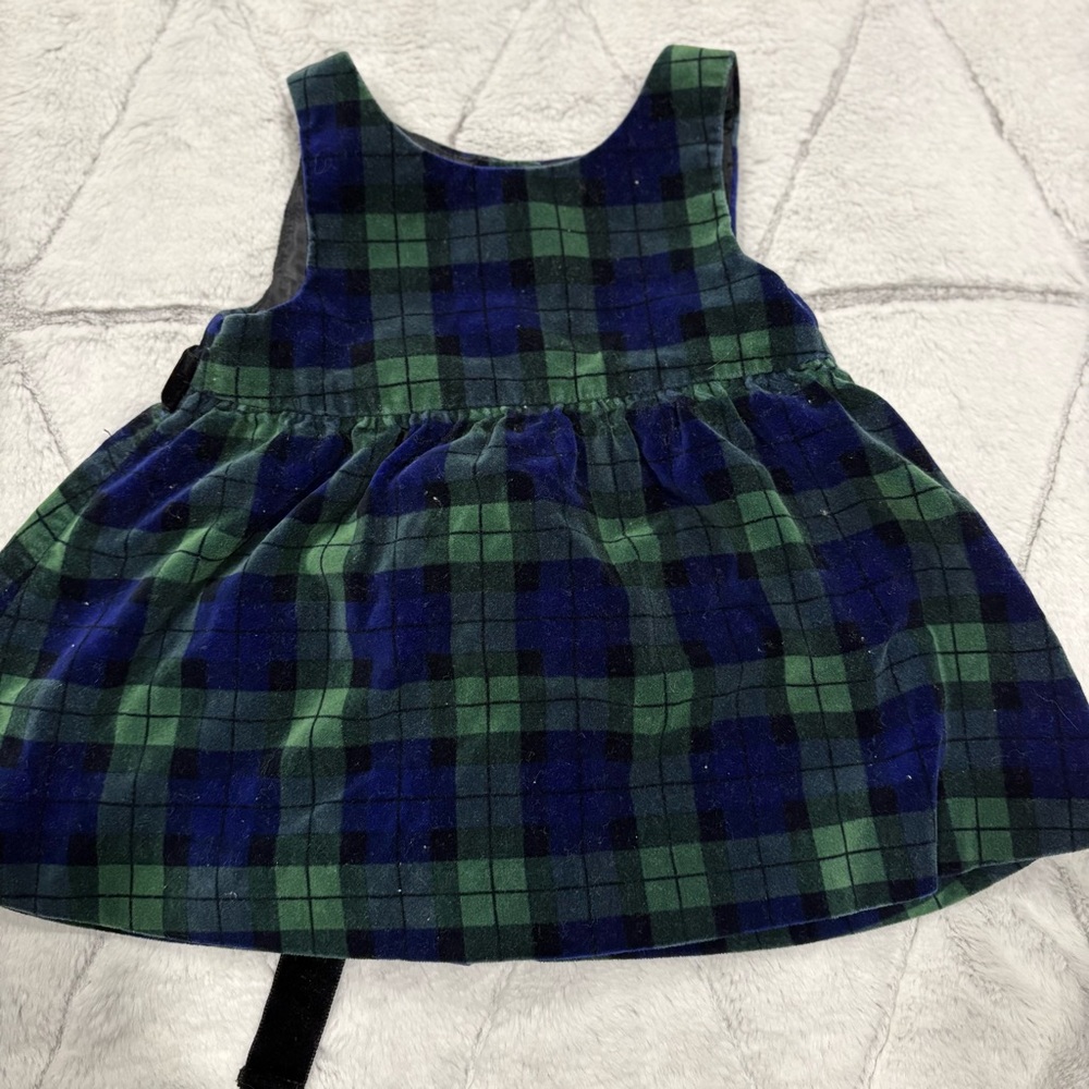 Talbots Kids 6m Plaid Dress Green Blue Soft Cotton Ribbon Velvet Button
